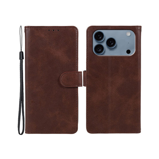 For iPhone 17 Pro Max Case Calf Texture PU Leather Wallet Phone Cover with Wrist Strap - Brown