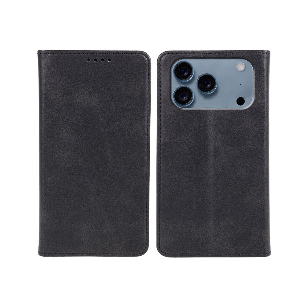 For iPhone 17 Pro Max Case Strong Magnetic PU Leather Phone Cover Calf Texture - Black