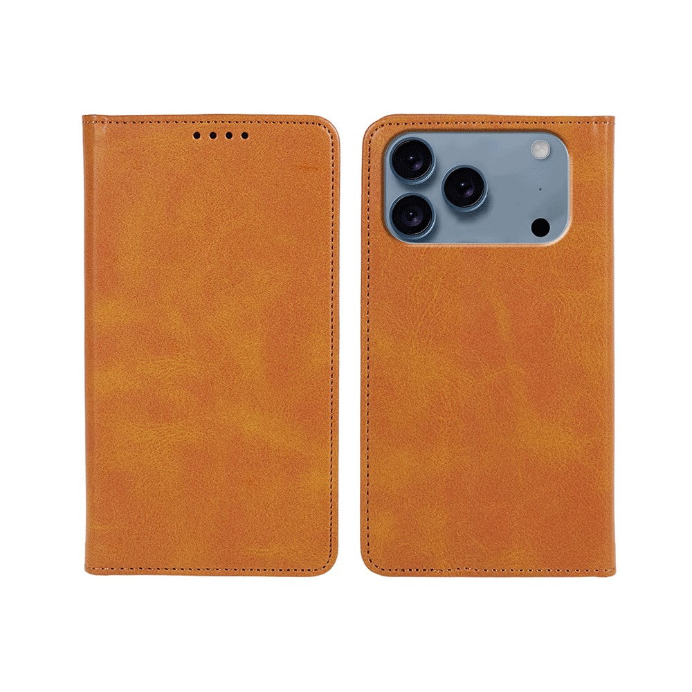 For iPhone 17 Pro Max Case Strong Magnetic PU Leather Phone Cover Calf Texture - Khaki