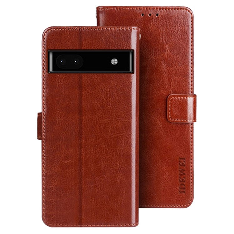 IDEWEI Crazy Horse Texture Shockproof Case for Google Pixel 6a, PU Leather Foldable Stand Wallet Folio Flip Phone Cover - Brown