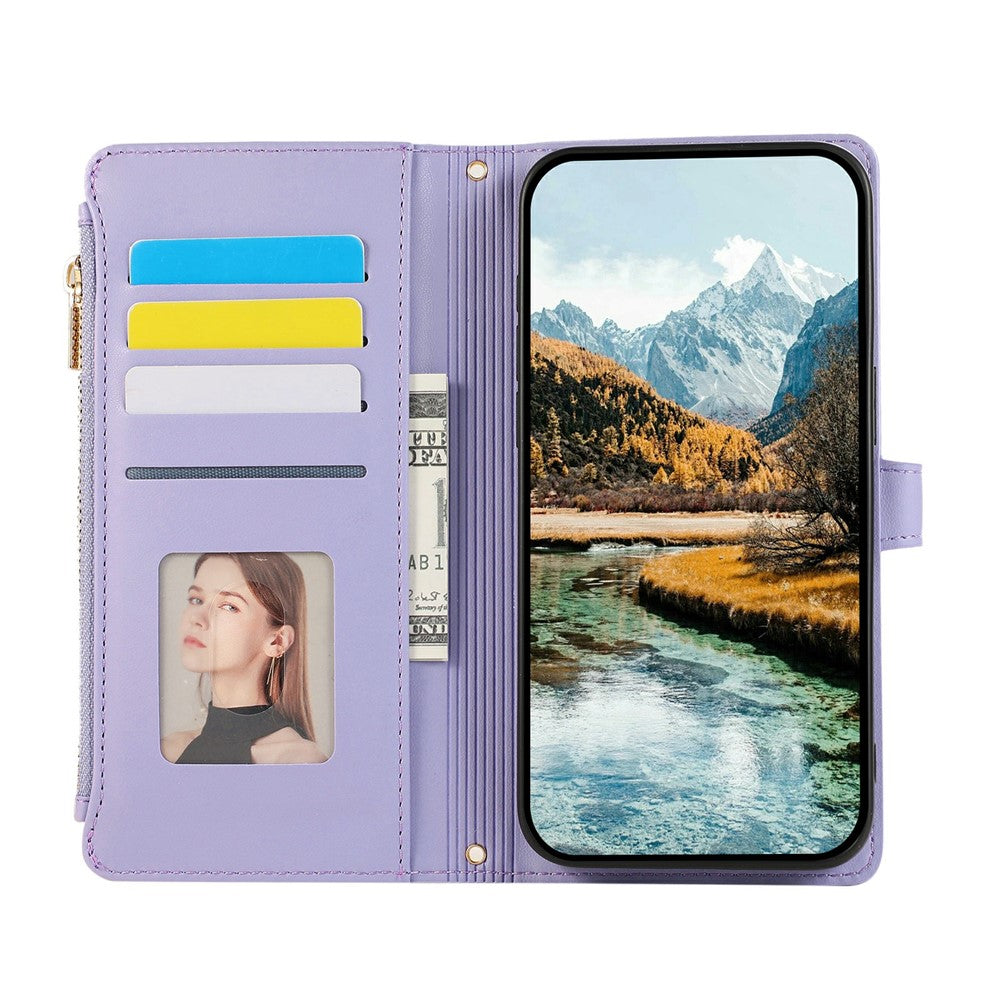 For iPhone 17 Pro Max Case Multi Card Slots Zipper Rhombus Leather Phone Cover with Wrist Strap - Purple