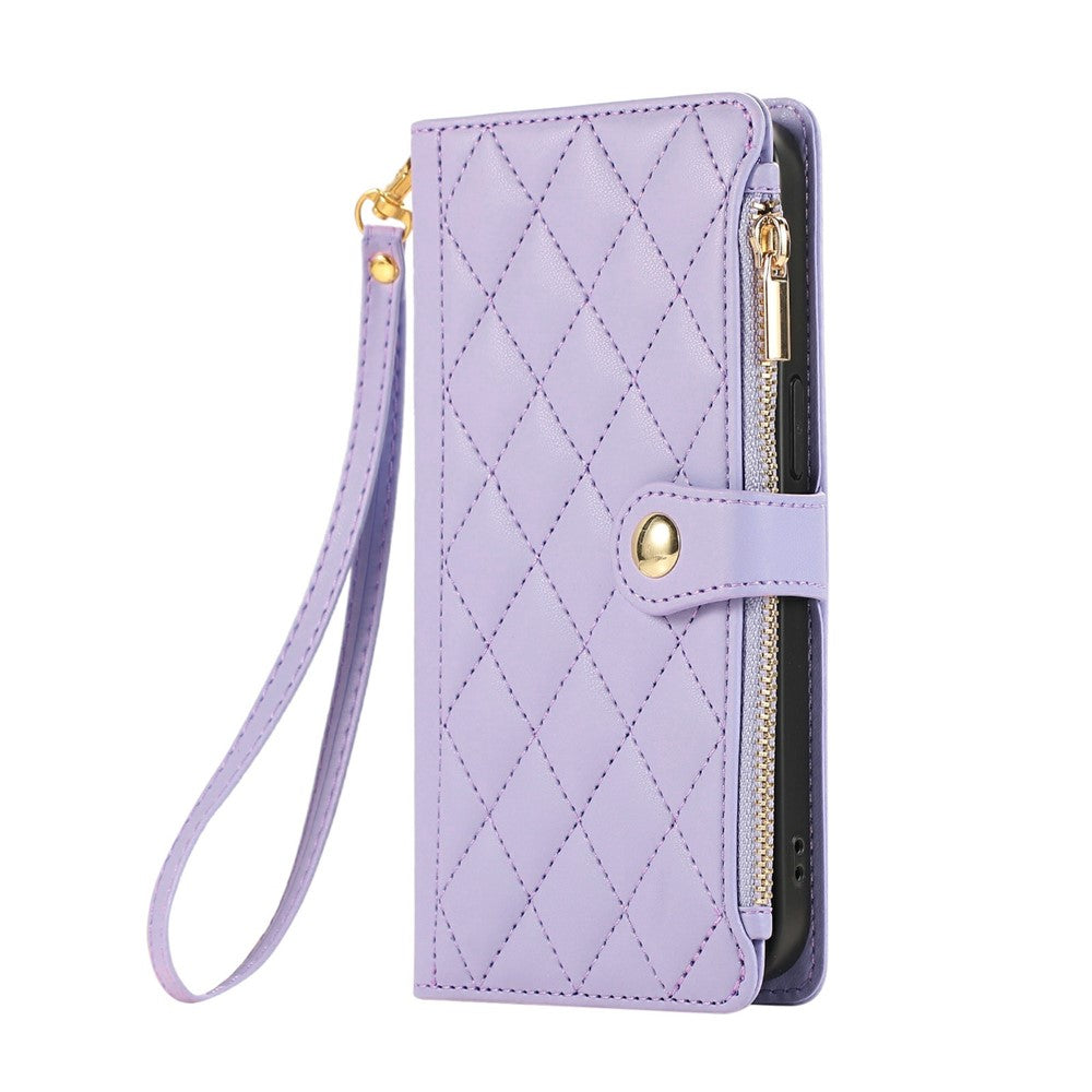 For iPhone 17 Pro Max Case Multi Card Slots Zipper Rhombus Leather Phone Cover with Wrist Strap - Purple