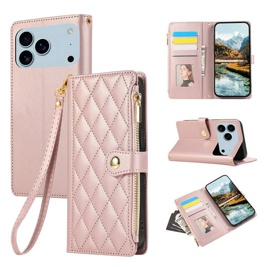 For iPhone 17 Pro Max Case Multi Card Slots Zipper Rhombus Leather Phone Cover with Wrist Strap - Rose Gold
