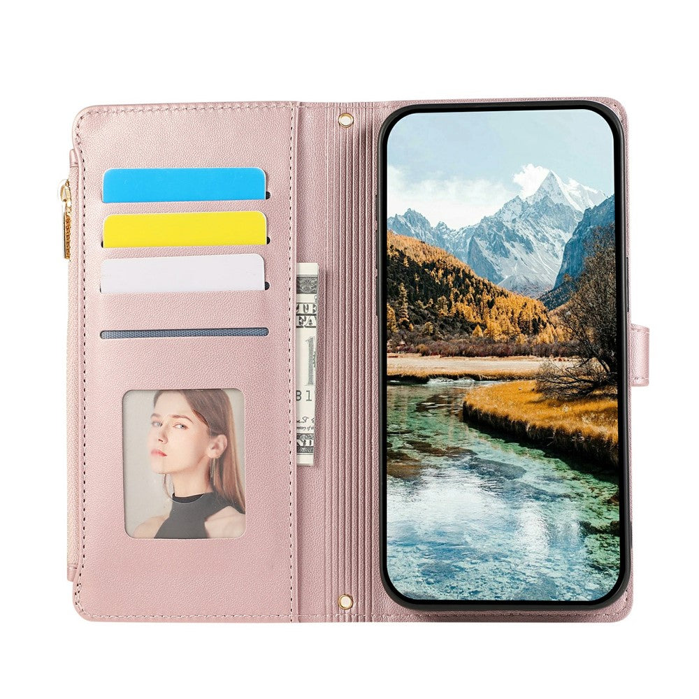 For iPhone 17 Pro Max Case Multi Card Slots Zipper Rhombus Leather Phone Cover with Wrist Strap - Rose Gold