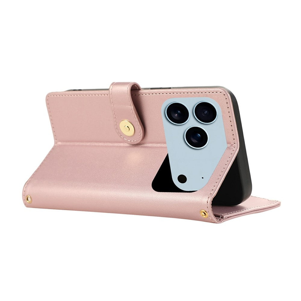 For iPhone 17 Pro Max Case Multi Card Slots Zipper Rhombus Leather Phone Cover with Wrist Strap - Rose Gold