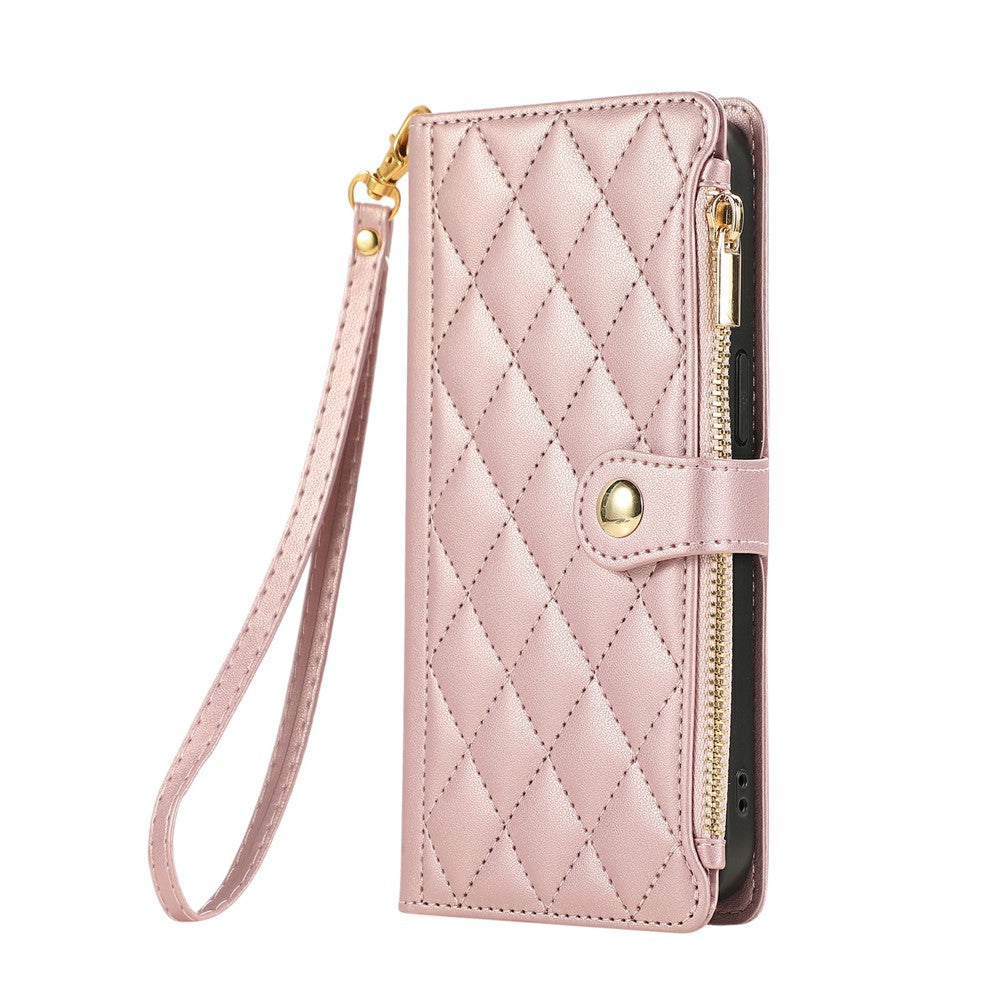 For iPhone 17 Pro Max Case Multi Card Slots Zipper Rhombus Leather Phone Cover with Wrist Strap - Rose Gold