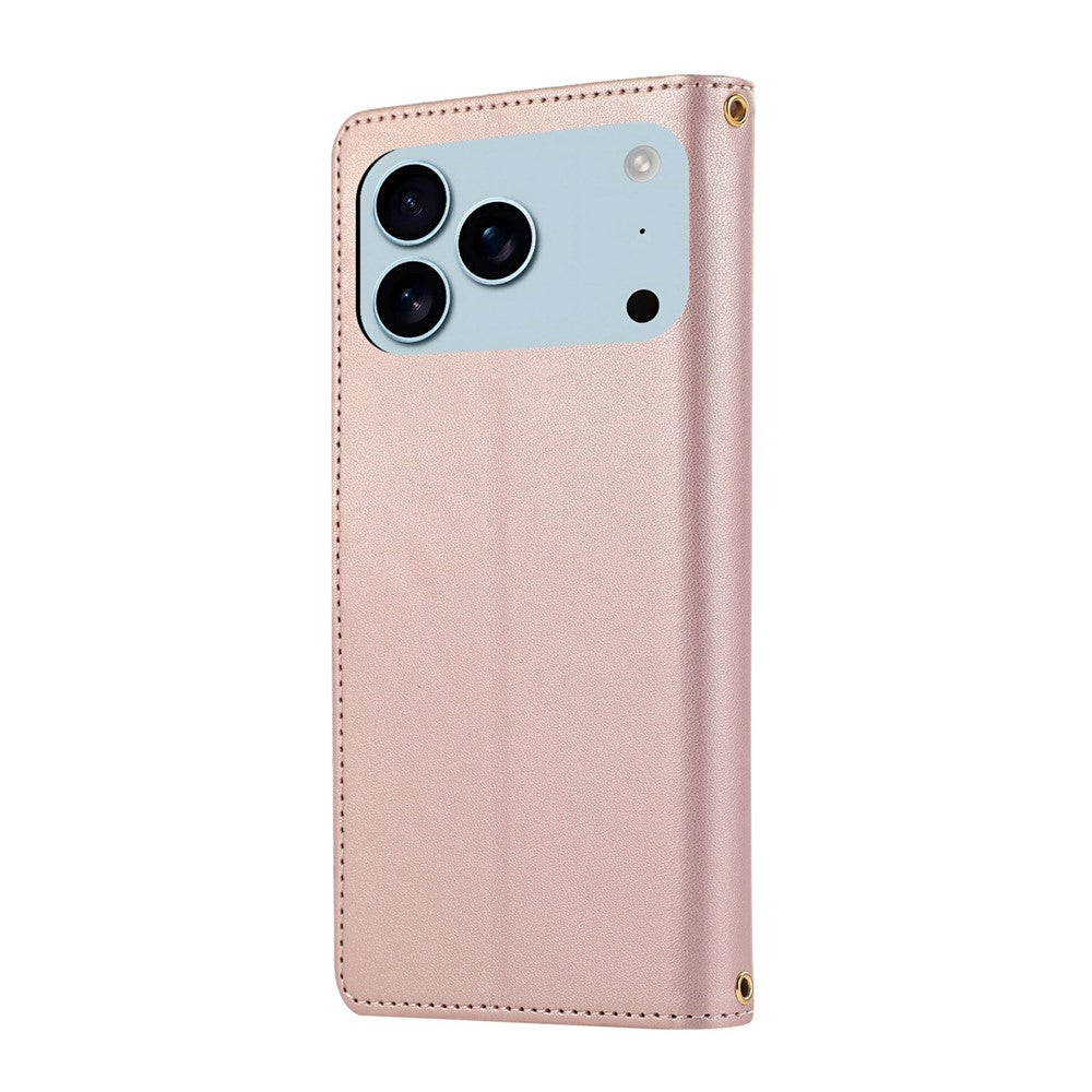 For iPhone 17 Pro Max Case Multi Card Slots Zipper Rhombus Leather Phone Cover with Wrist Strap - Rose Gold