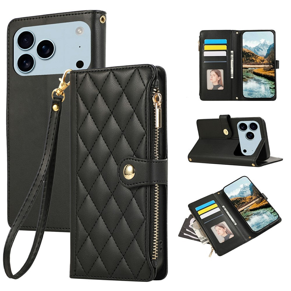 For iPhone 17 Pro Max Case Multi Card Slots Zipper Rhombus Leather Phone Cover with Wrist Strap - Black