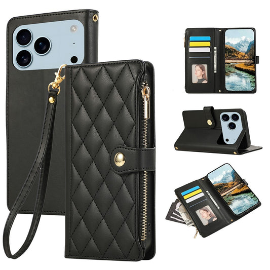 For iPhone 17 Pro Max Case Multi Card Slots Zipper Rhombus Leather Phone Cover with Wrist Strap - Black