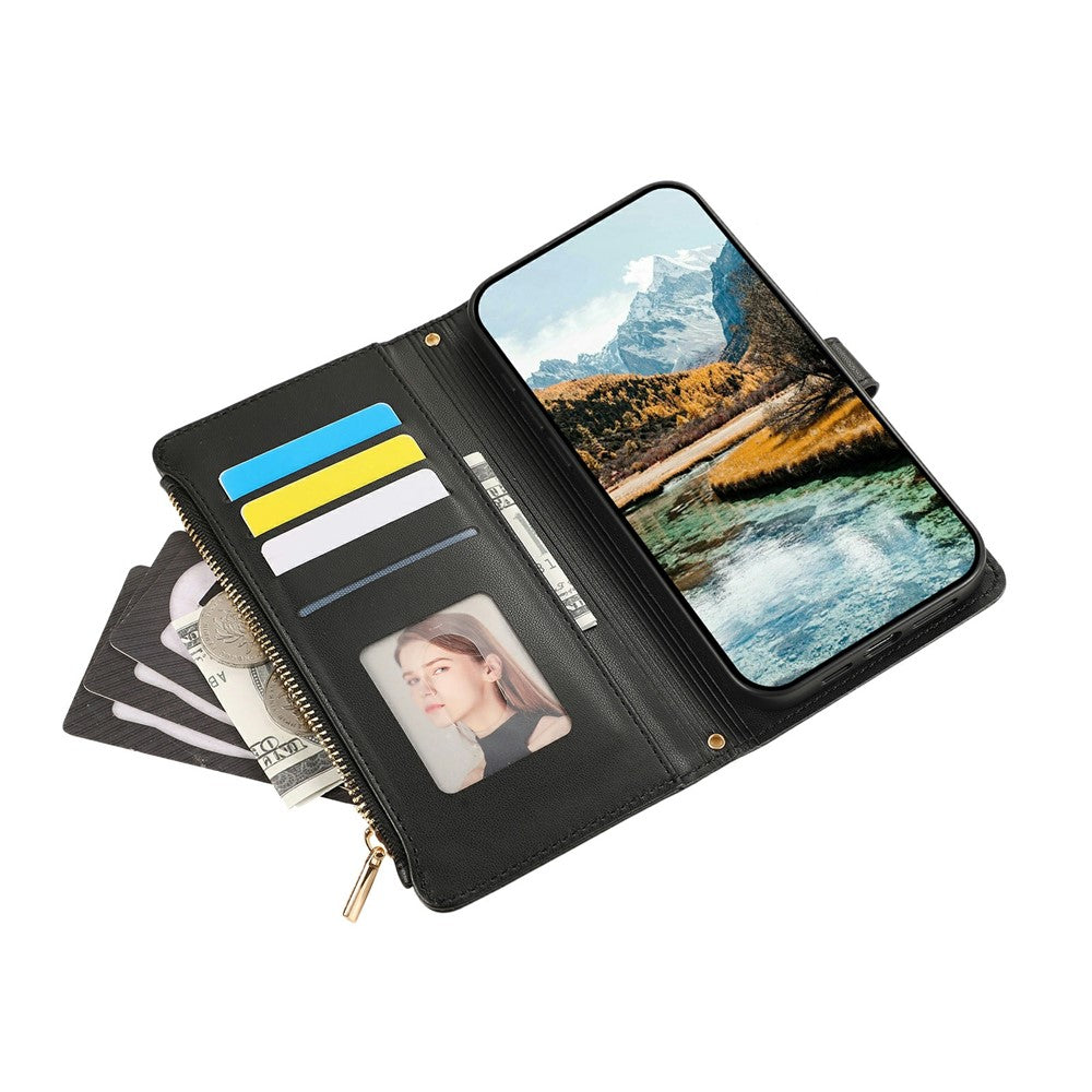 For iPhone 17 Pro Max Case Multi Card Slots Zipper Rhombus Leather Phone Cover with Wrist Strap - Black