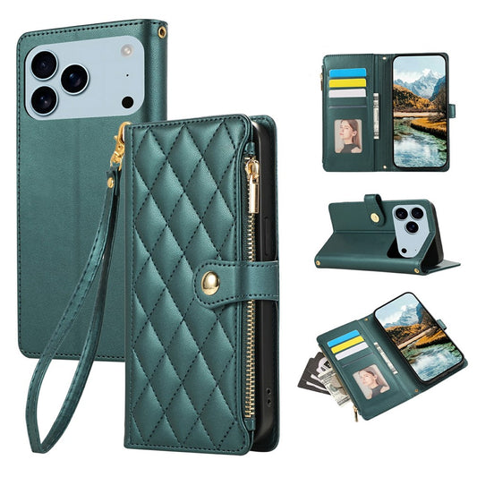 For iPhone 17 Pro Max Case Multi Card Slots Zipper Rhombus Leather Phone Cover with Wrist Strap - Green