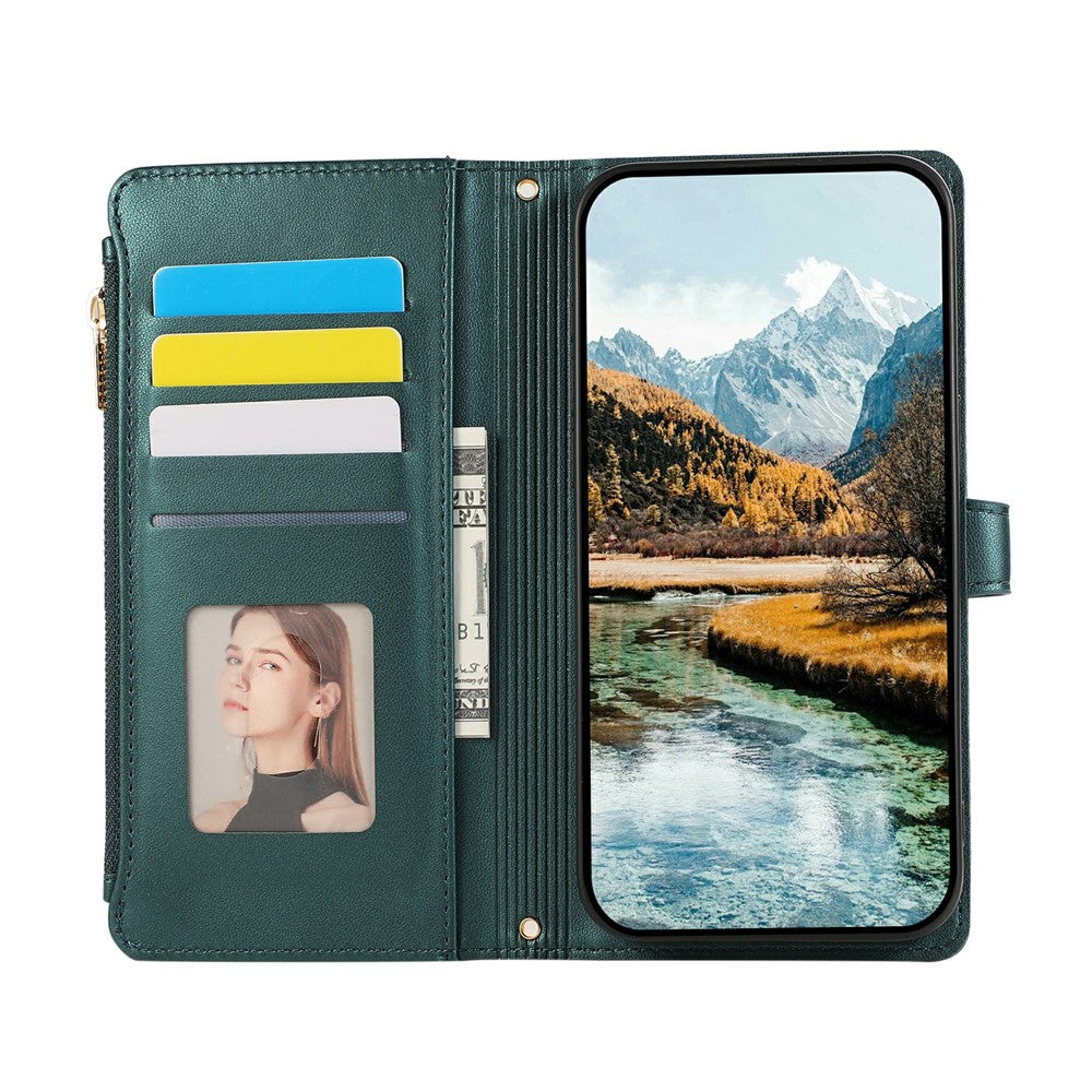 For iPhone 17 Pro Max Case Multi Card Slots Zipper Rhombus Leather Phone Cover with Wrist Strap - Green