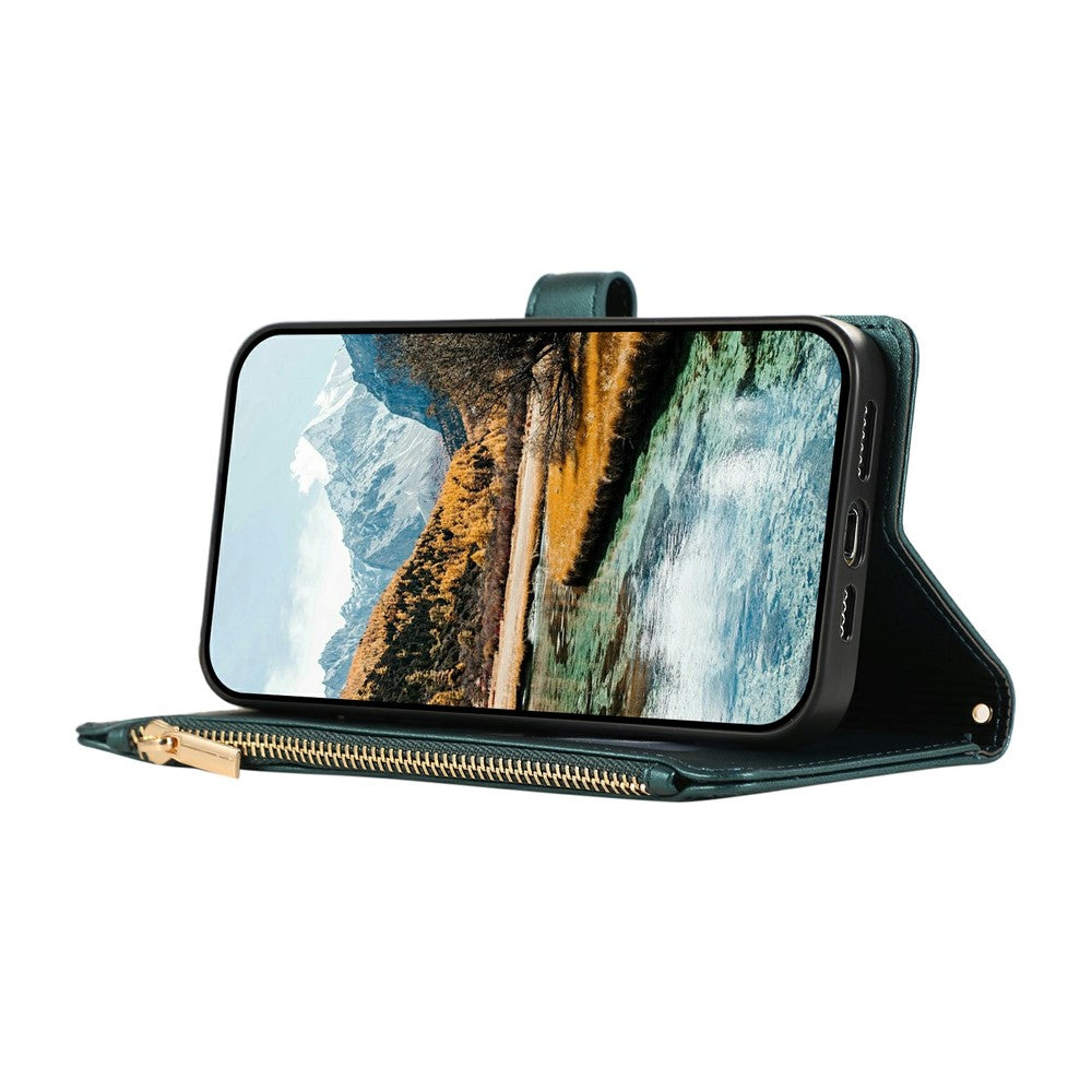 For iPhone 17 Pro Max Case Multi Card Slots Zipper Rhombus Leather Phone Cover with Wrist Strap - Green