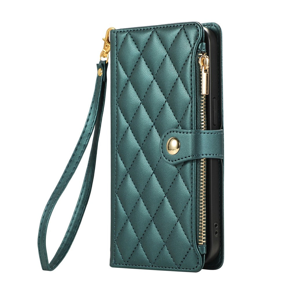 For iPhone 17 Pro Max Case Multi Card Slots Zipper Rhombus Leather Phone Cover with Wrist Strap - Green