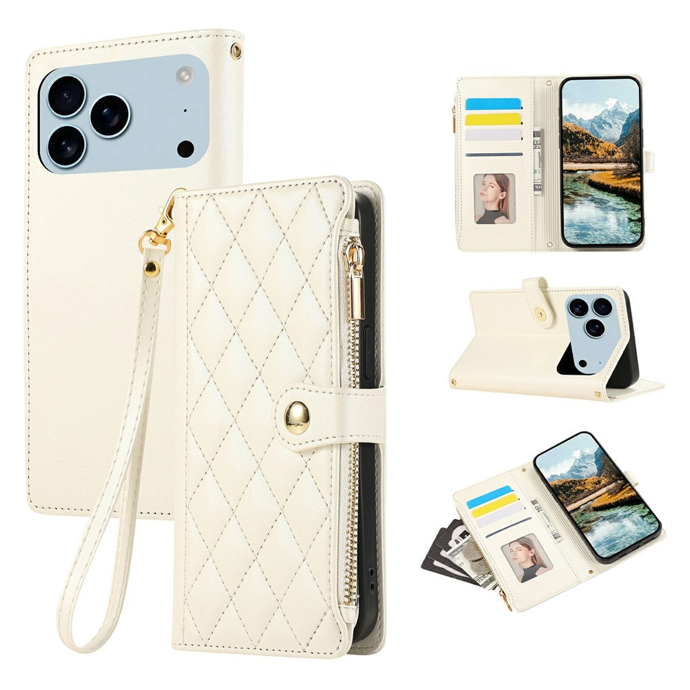 For iPhone 17 Pro Max Case Multi Card Slots Zipper Rhombus Leather Phone Cover with Wrist Strap - Beige