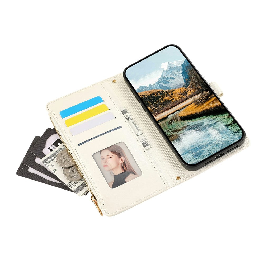 For iPhone 17 Pro Max Case Multi Card Slots Zipper Rhombus Leather Phone Cover with Wrist Strap - Beige