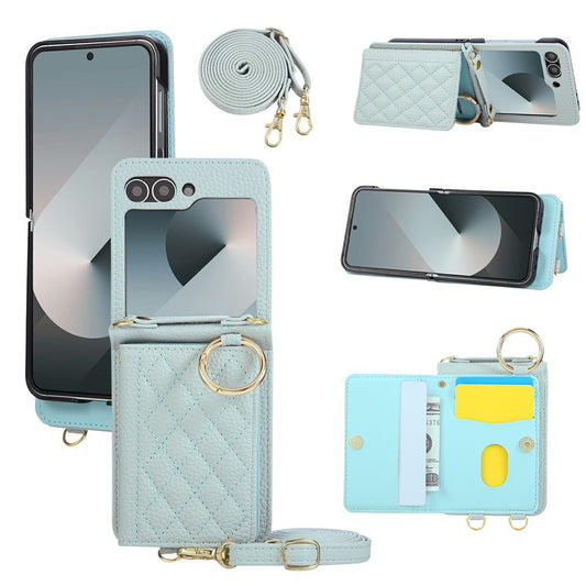 For Samsung Galaxy Z Flip7 FE 5G / Z Flip6 5G Case Kickstand Rhombus Leather + TPU Phone Cover with Shoulder Strap - Blue