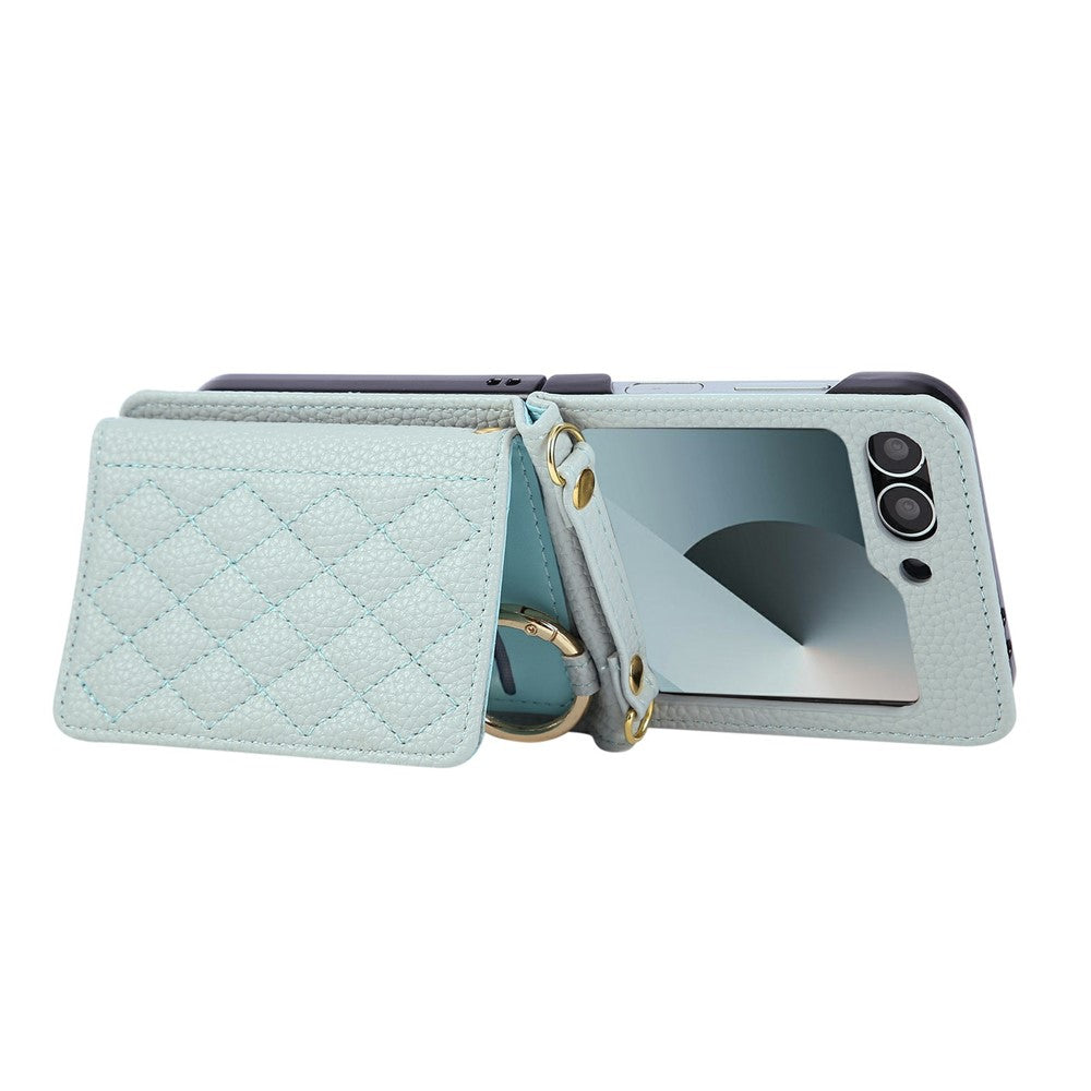 For Samsung Galaxy Z Flip7 FE 5G / Z Flip6 5G Case Kickstand Rhombus Leather + TPU Phone Cover with Shoulder Strap - Blue