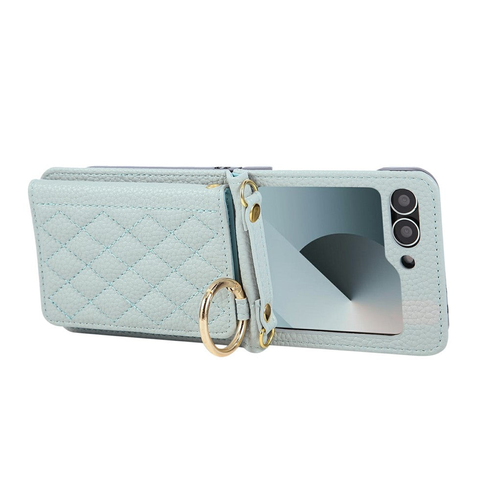 For Samsung Galaxy Z Flip7 FE 5G / Z Flip6 5G Case Kickstand Rhombus Leather + TPU Phone Cover with Shoulder Strap - Blue