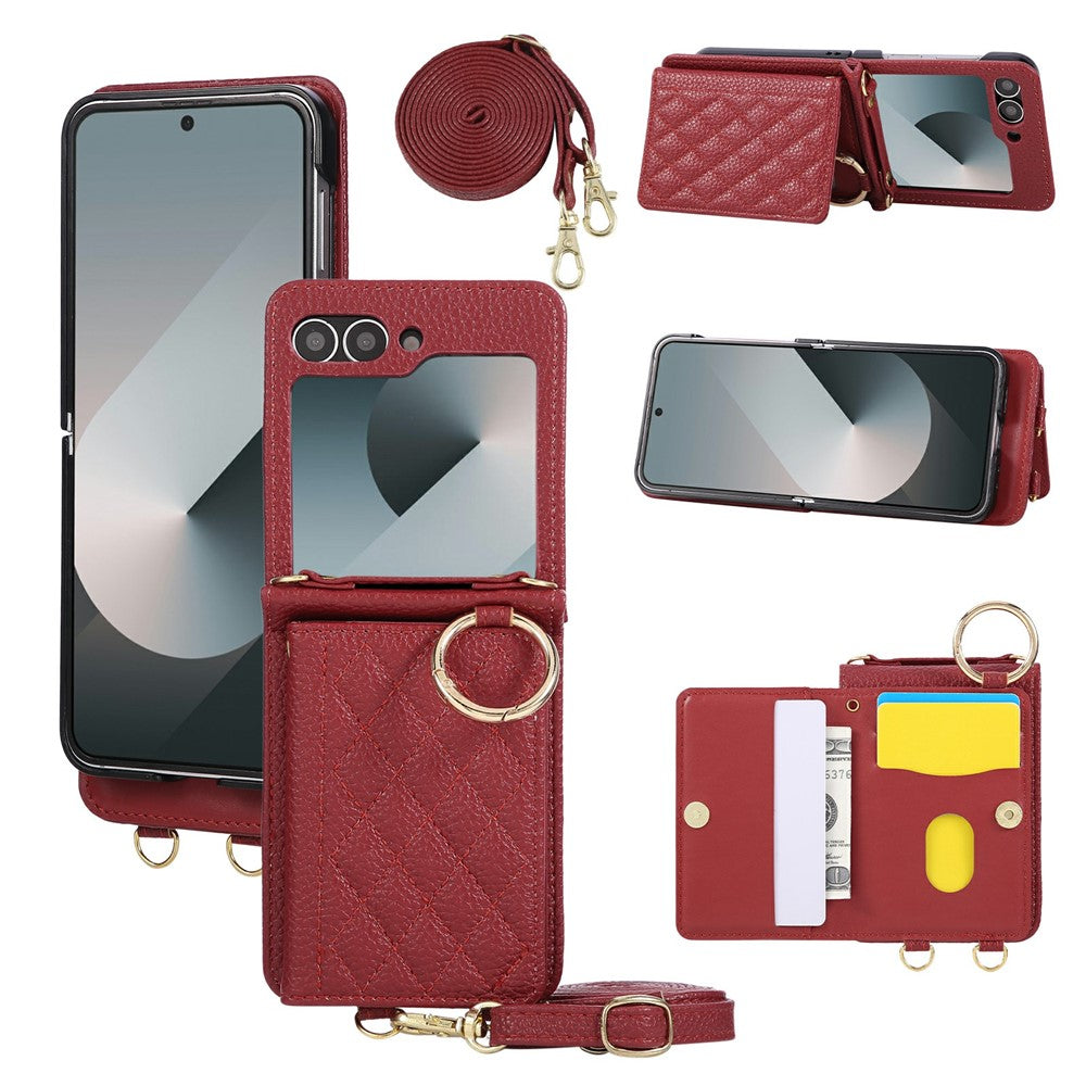 For Samsung Galaxy Z Flip7 FE 5G / Z Flip6 5G Case Kickstand Rhombus Leather + TPU Phone Cover with Shoulder Strap - Red