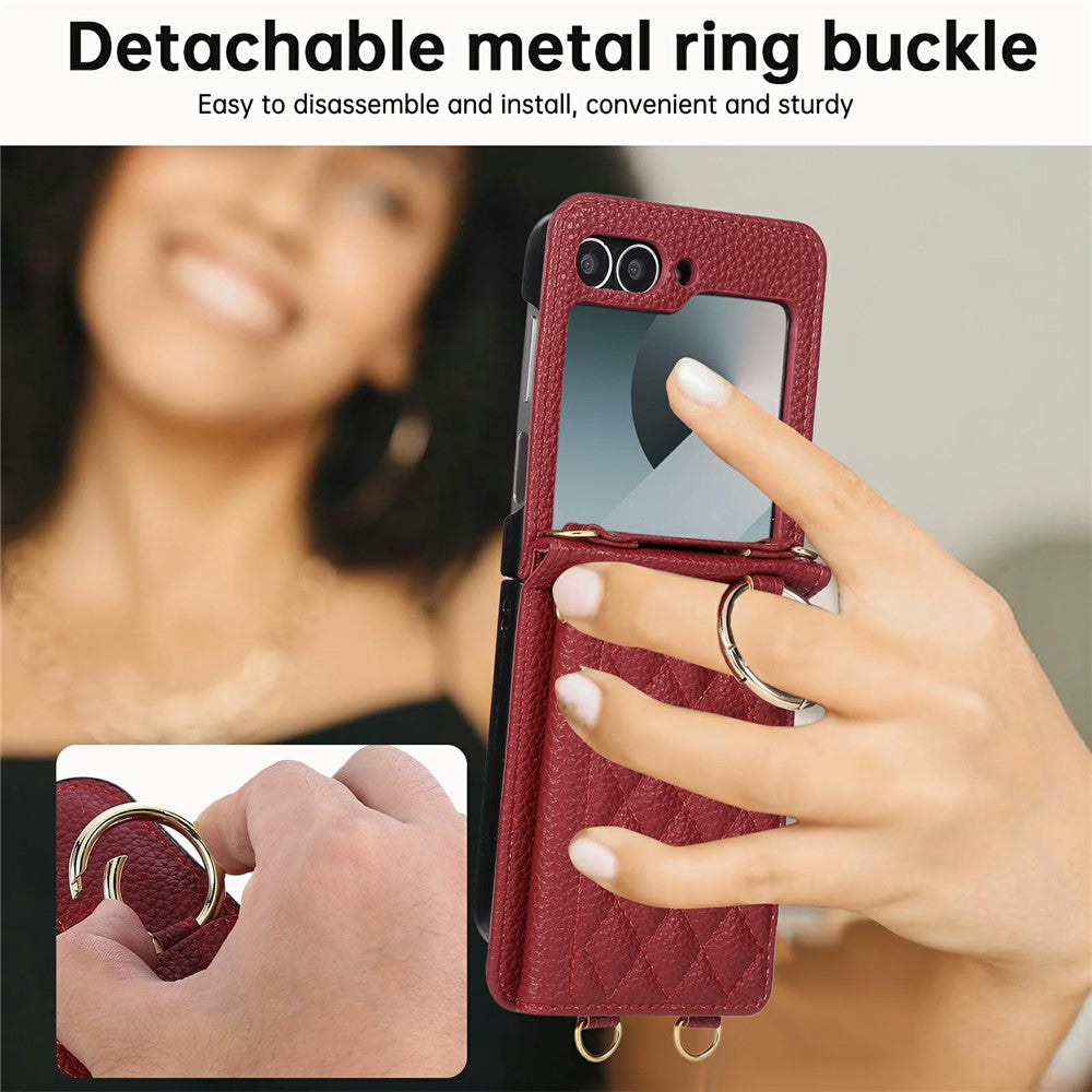 For Samsung Galaxy Z Flip7 FE 5G / Z Flip6 5G Case Kickstand Rhombus Leather + TPU Phone Cover with Shoulder Strap - Red