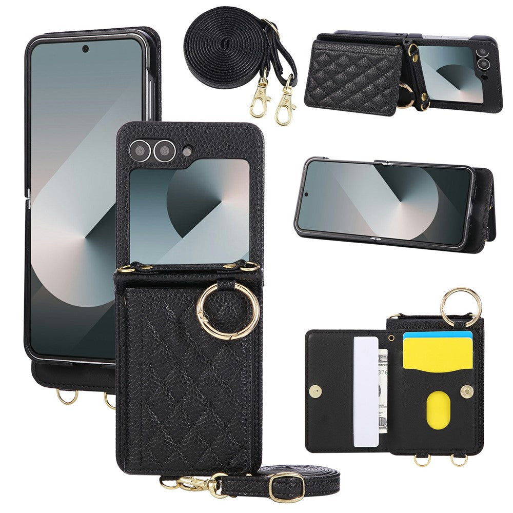 For Samsung Galaxy Z Flip7 FE 5G / Z Flip6 5G Case Kickstand Rhombus Leather + TPU Phone Cover with Shoulder Strap - Black