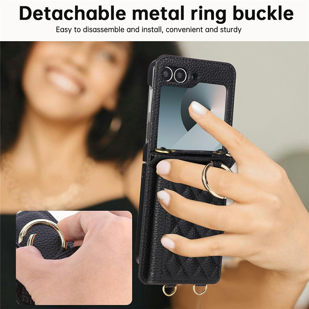 For Samsung Galaxy Z Flip7 FE 5G / Z Flip6 5G Case Kickstand Rhombus Leather + TPU Phone Cover with Shoulder Strap - Black