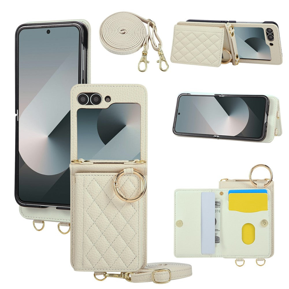 For Samsung Galaxy Z Flip7 FE 5G / Z Flip6 5G Case Kickstand Rhombus Leather + TPU Phone Cover with Shoulder Strap - Beige