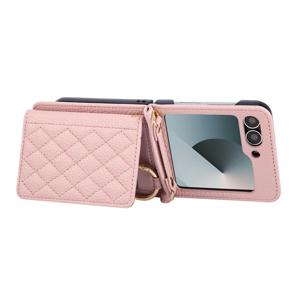 For Samsung Galaxy Z Flip7 FE 5G / Z Flip6 5G Case Kickstand Rhombus Leather + TPU Phone Cover with Shoulder Strap - Pink