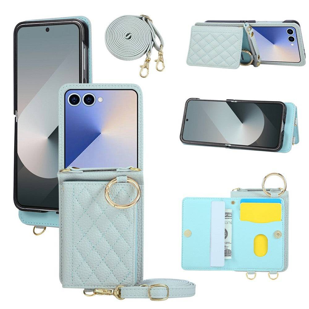 For Samsung Galaxy Z Flip7 5G Case Kickstand Rhombus Leather + TPU Phone Cover with Shoulder Strap - Blue