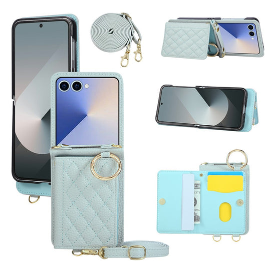 For Samsung Galaxy Z Flip7 5G Case Kickstand Rhombus Leather + TPU Phone Cover with Shoulder Strap - Blue