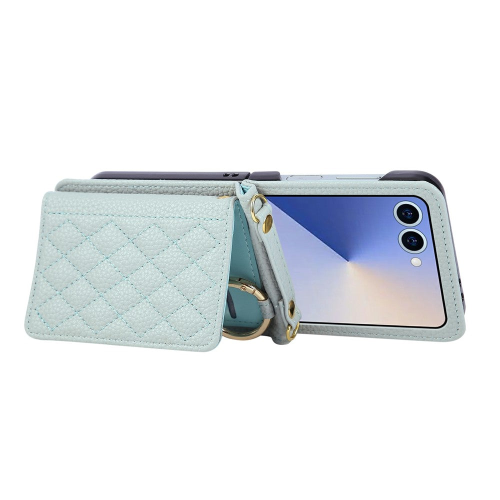 For Samsung Galaxy Z Flip7 5G Case Kickstand Rhombus Leather + TPU Phone Cover with Shoulder Strap - Blue
