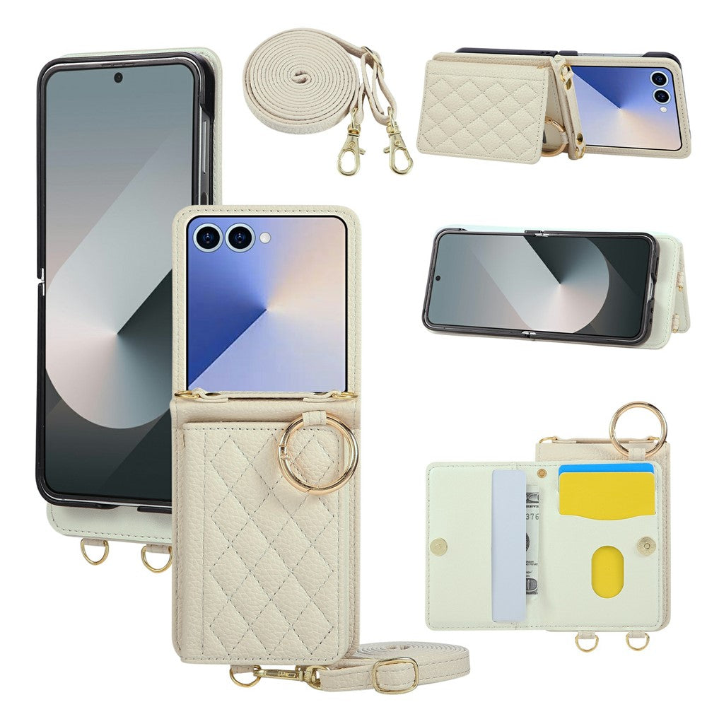 For Samsung Galaxy Z Flip7 5G Case Kickstand Rhombus Leather + TPU Phone Cover with Shoulder Strap - Beige