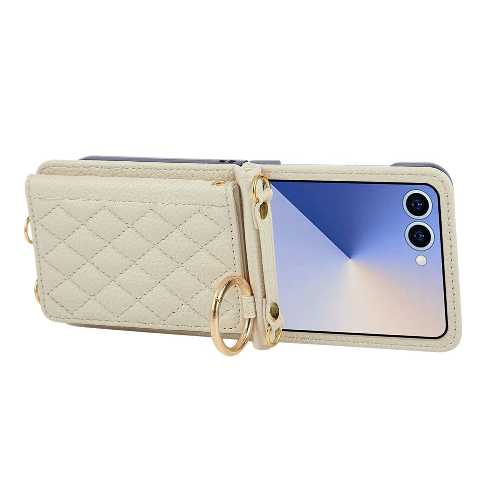 For Samsung Galaxy Z Flip7 5G Case Kickstand Rhombus Leather + TPU Phone Cover with Shoulder Strap - Beige