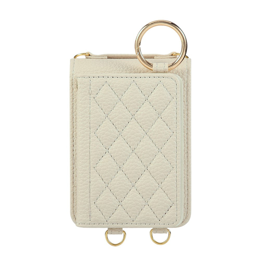 For Samsung Galaxy Z Flip7 5G Case Kickstand Rhombus Leather + TPU Phone Cover with Shoulder Strap - Beige