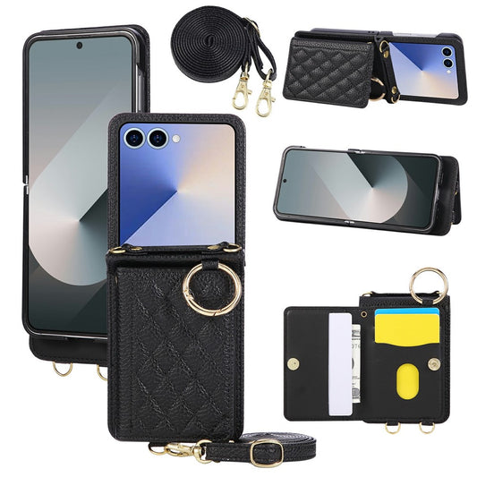 For Samsung Galaxy Z Flip7 5G Case Kickstand Rhombus Leather + TPU Phone Cover with Shoulder Strap - Black
