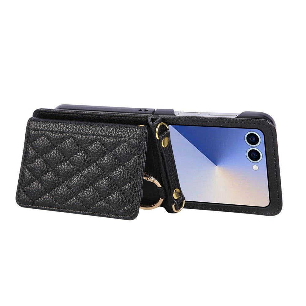For Samsung Galaxy Z Flip7 5G Case Kickstand Rhombus Leather + TPU Phone Cover with Shoulder Strap - Black