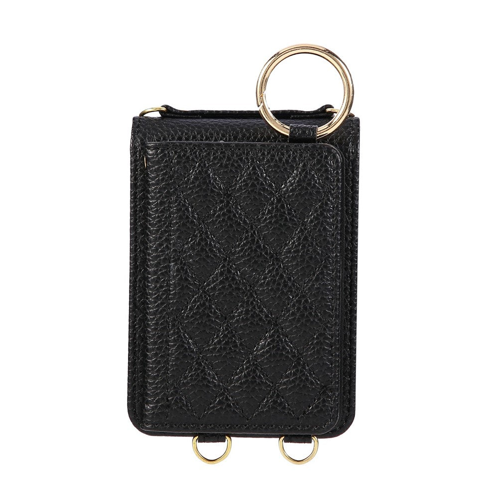 For Samsung Galaxy Z Flip7 5G Case Kickstand Rhombus Leather + TPU Phone Cover with Shoulder Strap - Black