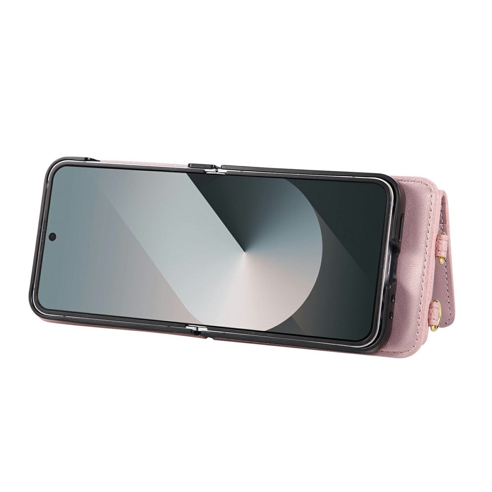 For Samsung Galaxy Z Flip7 5G Case Kickstand Rhombus Leather + TPU Phone Cover with Shoulder Strap - Pink