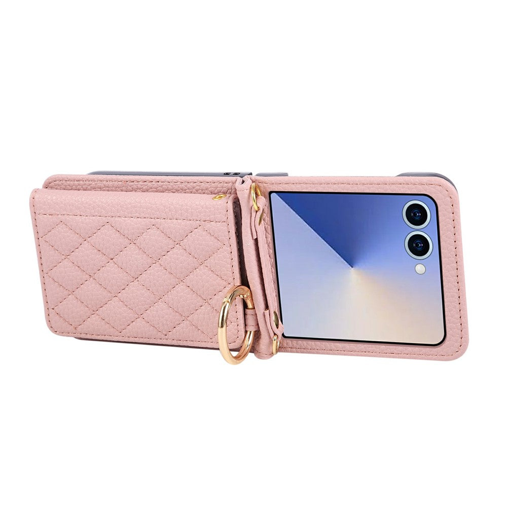 For Samsung Galaxy Z Flip7 5G Case Kickstand Rhombus Leather + TPU Phone Cover with Shoulder Strap - Pink