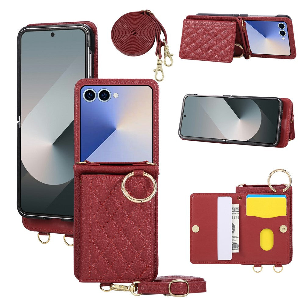 For Samsung Galaxy Z Flip7 5G Case Kickstand Rhombus Leather + TPU Phone Cover with Shoulder Strap - Red