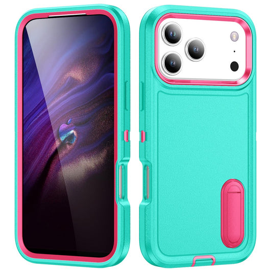 For iPhone 17 Pro Max Case Case Kickstand Phone Cover PC + Silicone + EVA 3-in-1 Design - Light Cyan + Rose