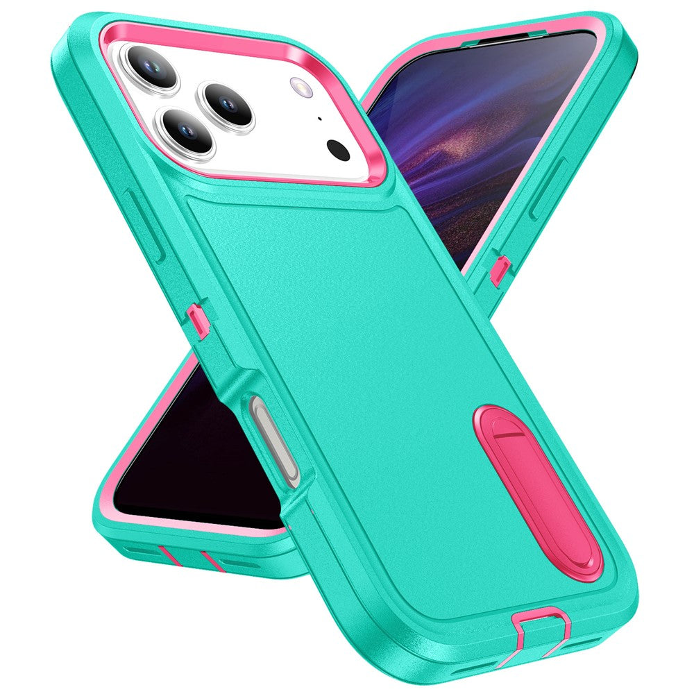 For iPhone 17 Pro Max Case Case Kickstand Phone Cover PC + Silicone + EVA 3-in-1 Design - Light Cyan + Rose