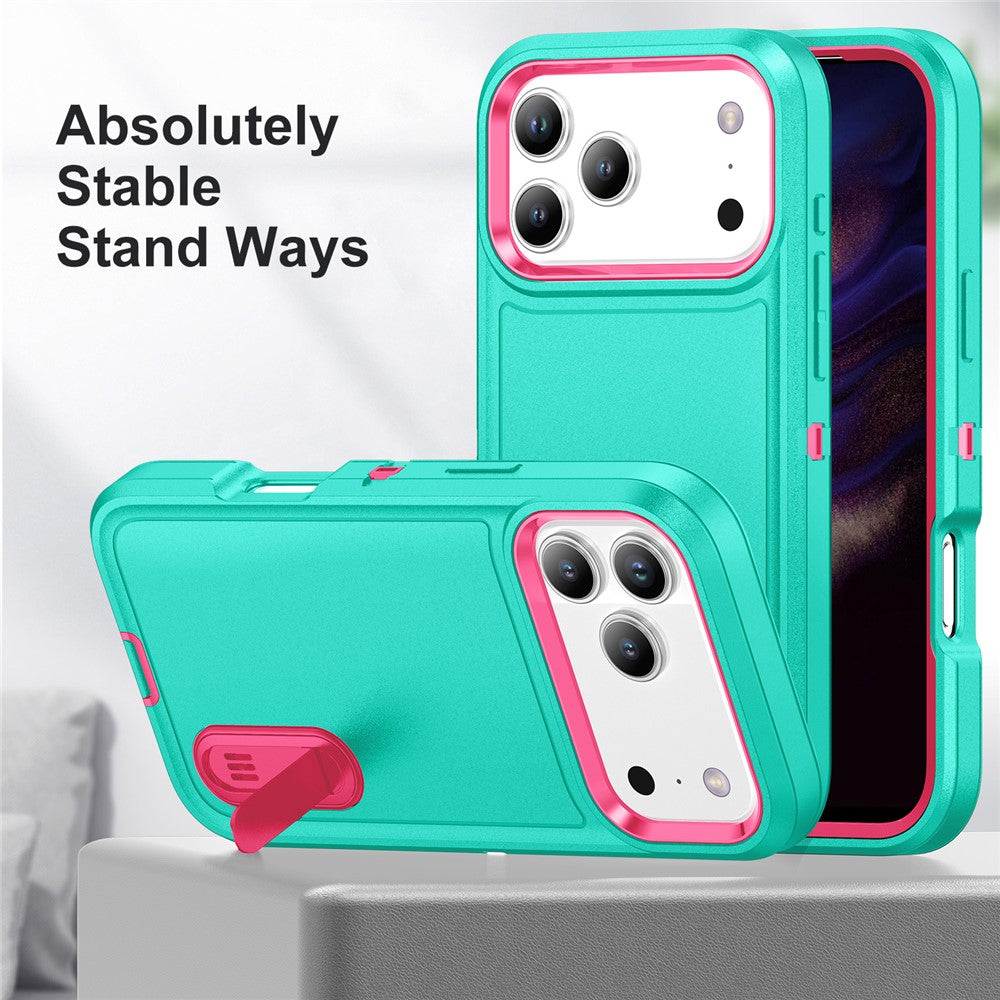 For iPhone 17 Pro Max Case Case Kickstand Phone Cover PC + Silicone + EVA 3-in-1 Design - Light Cyan + Rose