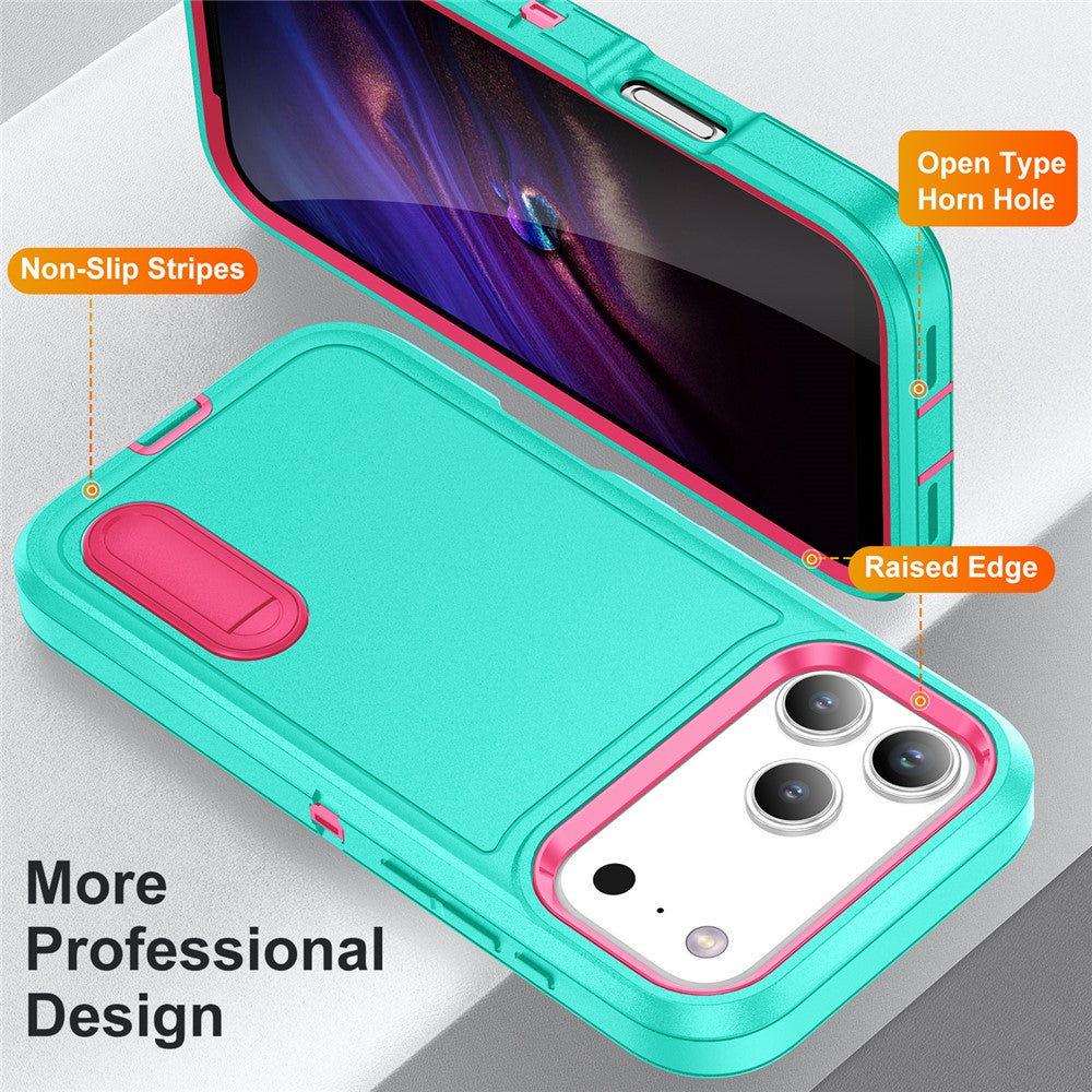 For iPhone 17 Pro Max Case Case Kickstand Phone Cover PC + Silicone + EVA 3-in-1 Design - Light Cyan + Rose