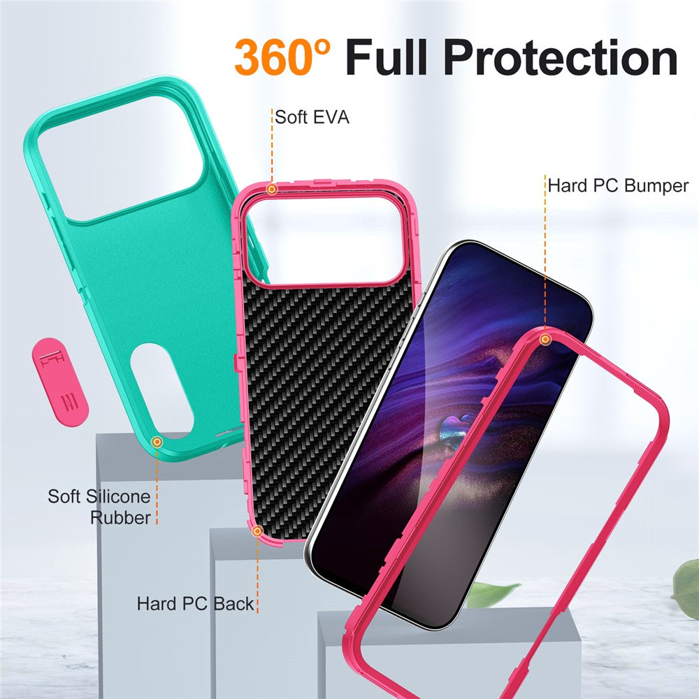 For iPhone 17 Pro Max Case Case Kickstand Phone Cover PC + Silicone + EVA 3-in-1 Design - Light Cyan + Rose