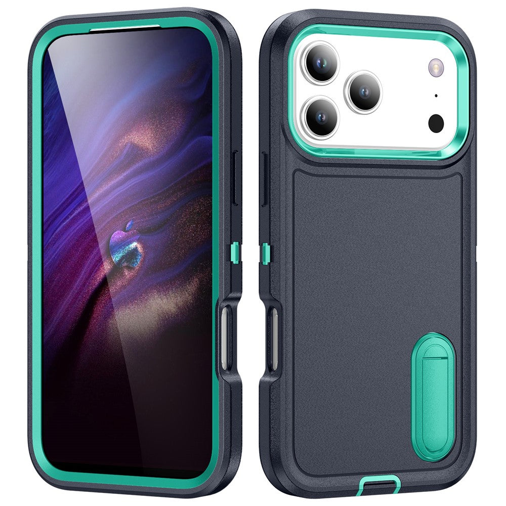 For iPhone 17 Pro Max Case Case Kickstand Phone Cover PC + Silicone + EVA 3-in-1 Design - Dark Blue + Light Cyan