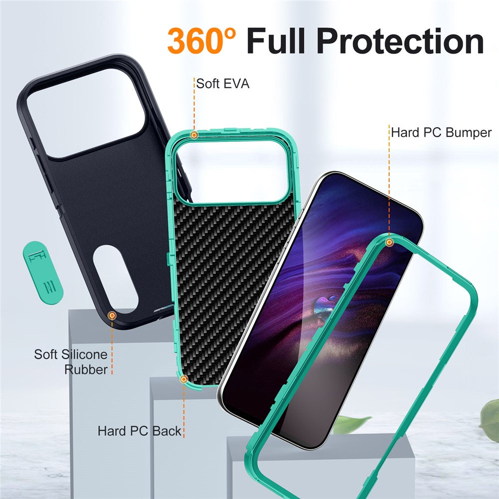 For iPhone 17 Pro Max Case Case Kickstand Phone Cover PC + Silicone + EVA 3-in-1 Design - Dark Blue + Light Cyan