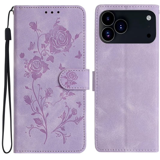 For iPhone 17 Pro Max Wallet Case Rose Pattern Imprinted Leather Flip Stand Phone Cover with Strap - Light Purple