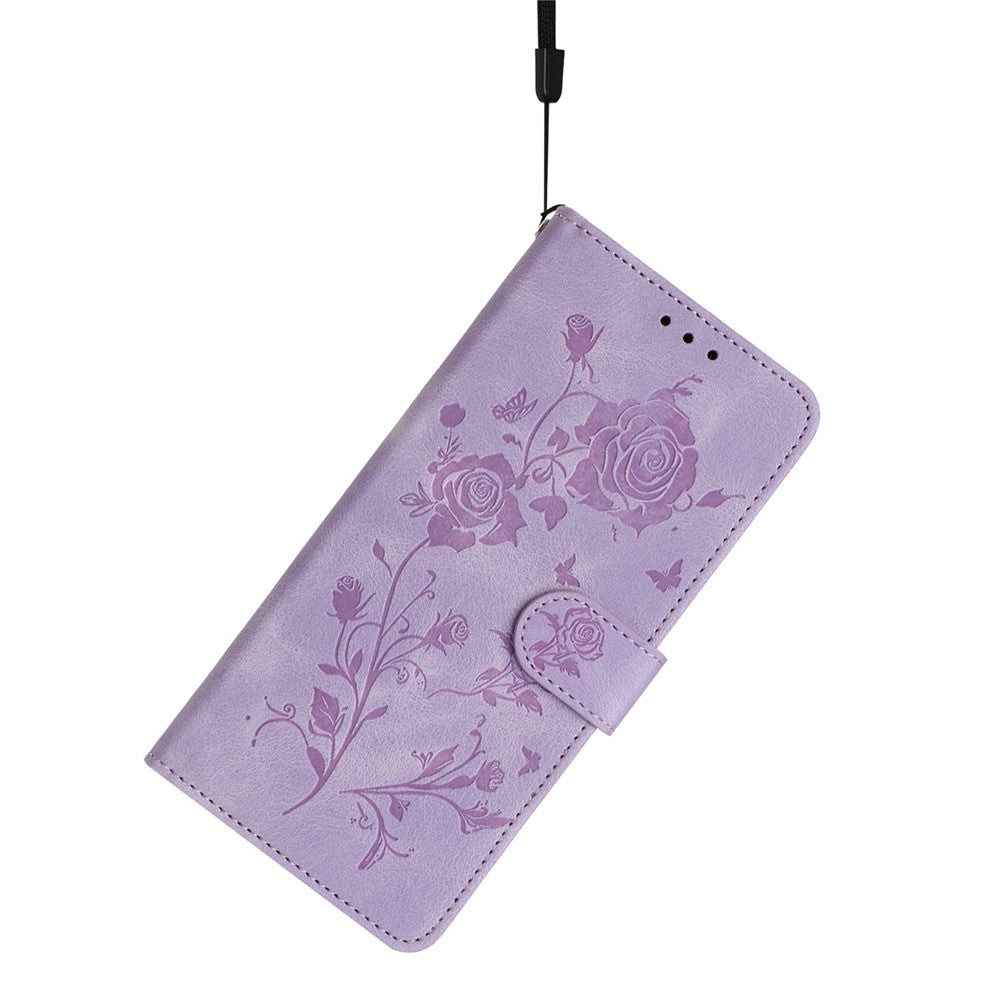 For iPhone 17 Pro Max Wallet Case Rose Pattern Imprinted Leather Flip Stand Phone Cover with Strap - Light Purple